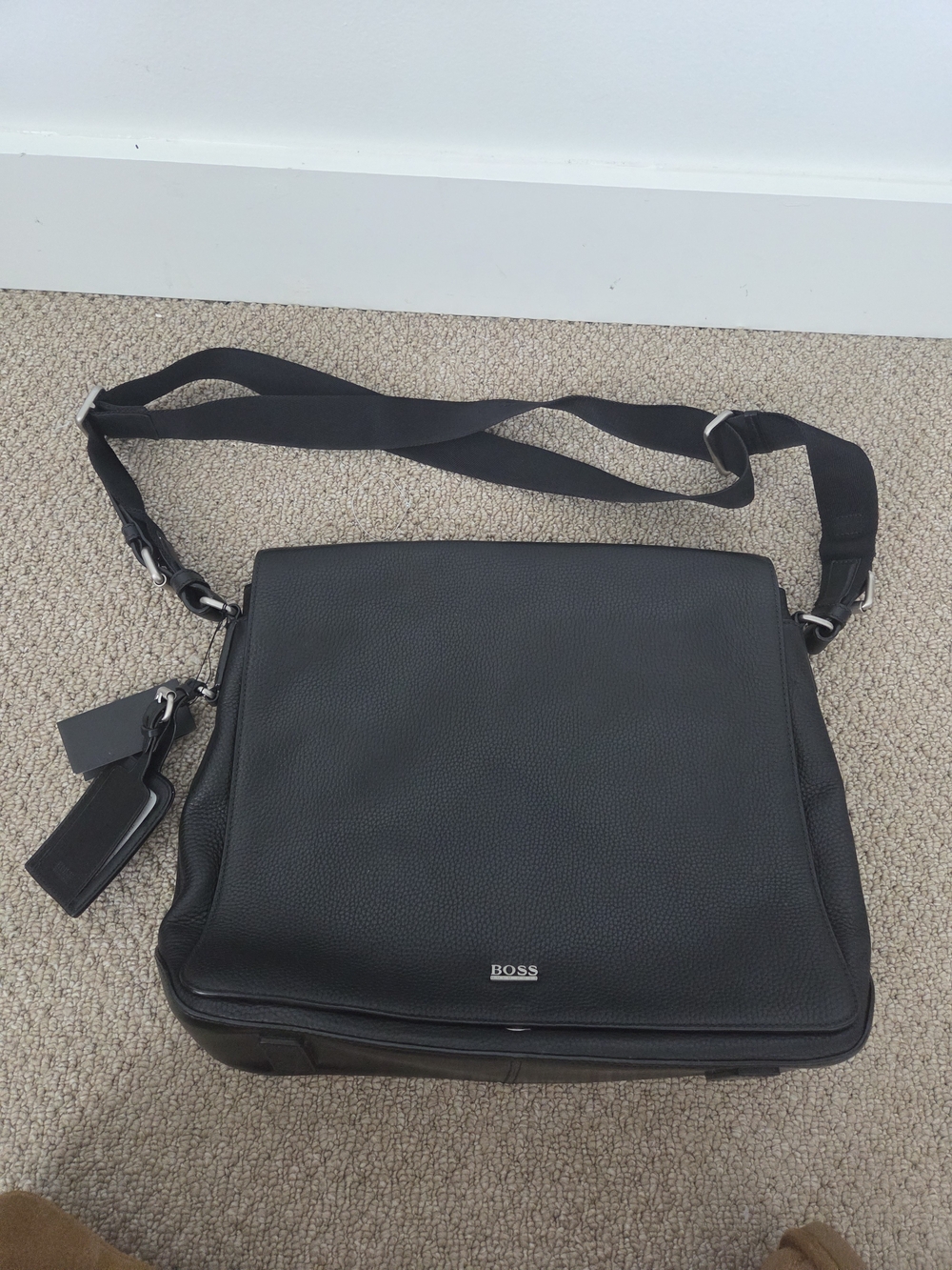 BOSS Black Leather Messenger Bag for Men